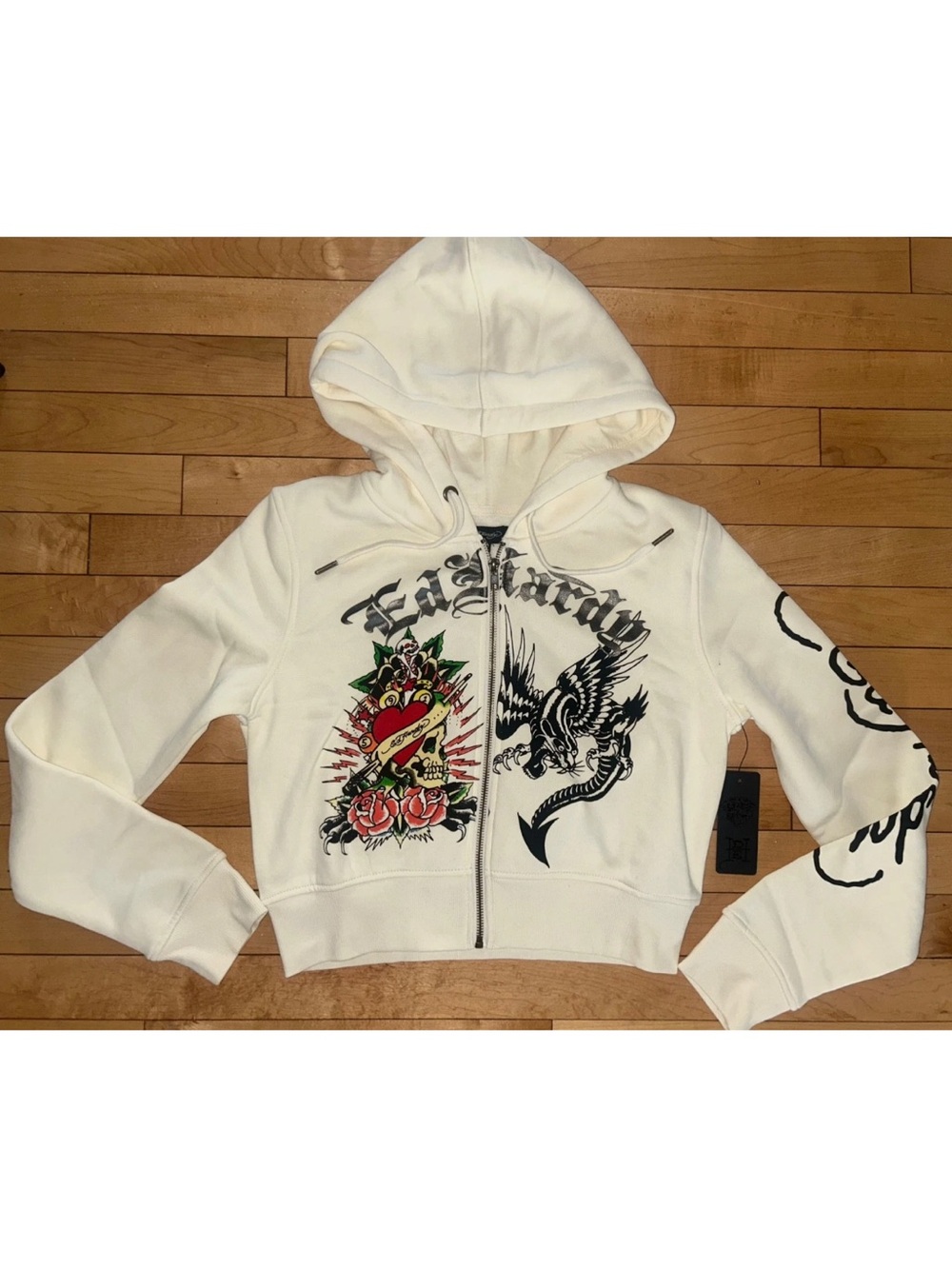 NEW! ED HARDY Dragon Heart Zip Up Logo Hoodie Sweatshirt Ivory Size L